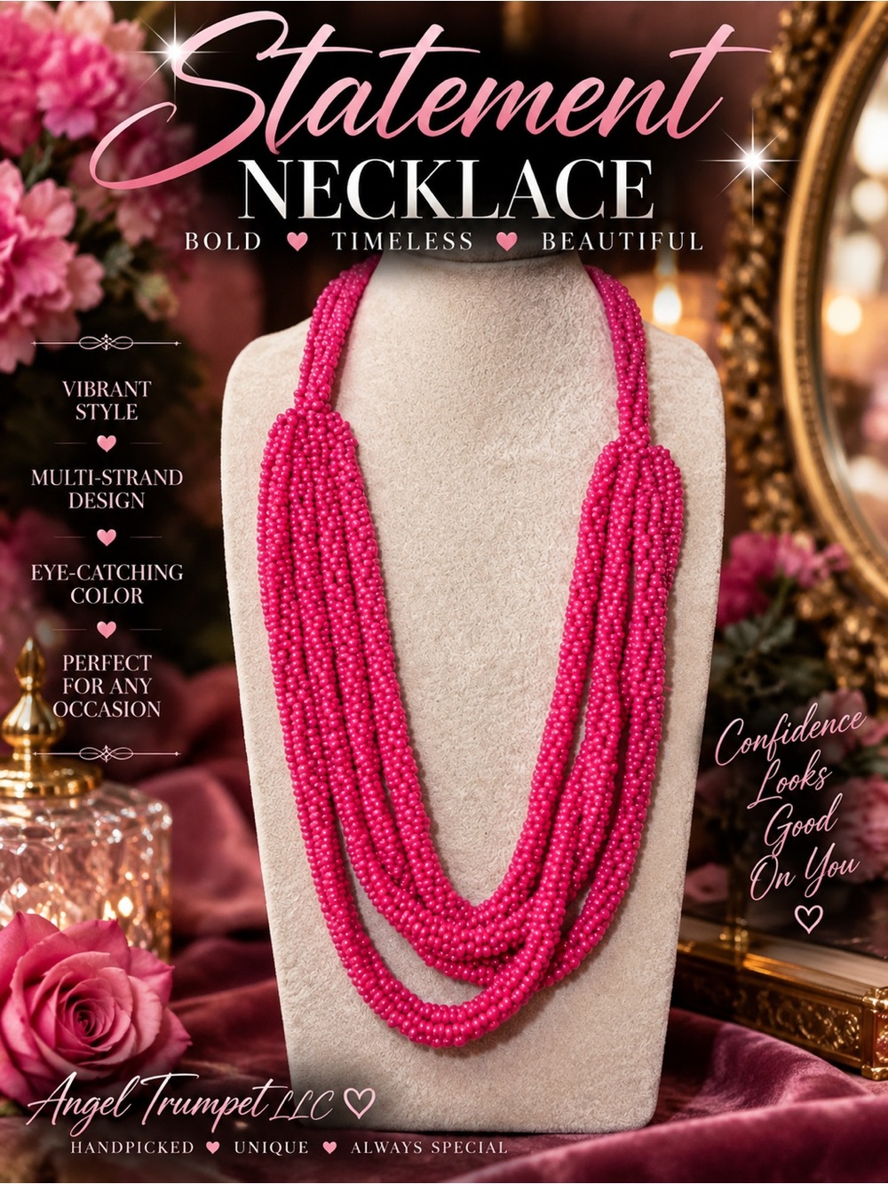 Hot Pink Multi Strand Seed Bead Statement Necklace